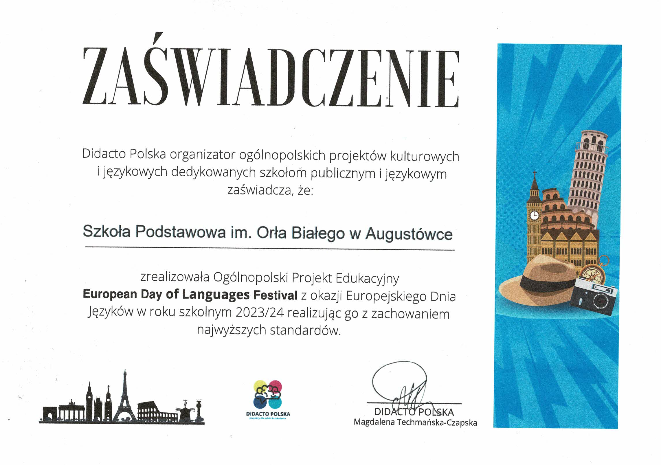 ZAŚWIADCZENIE DZIEŃ JĘZYKÓW